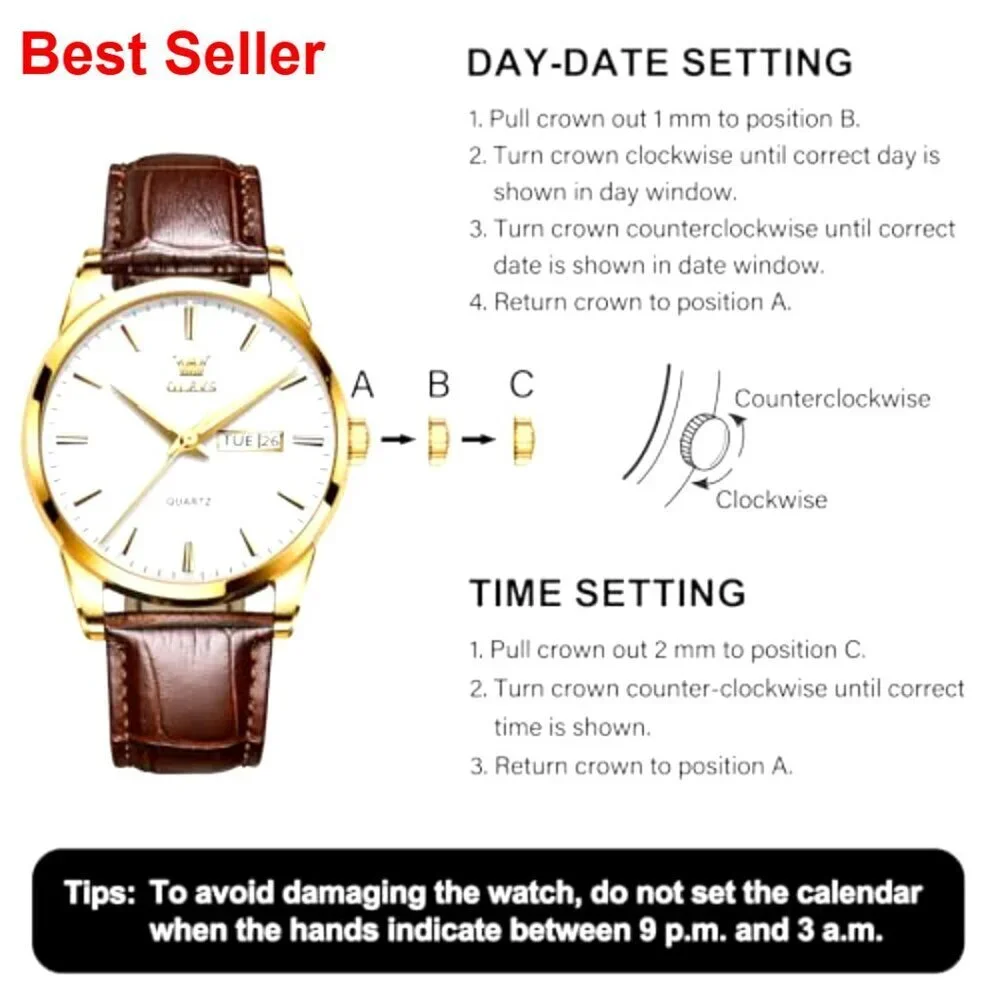Men's Leather Watch Stainless Steel Analog Day Date Waterproof Luminous